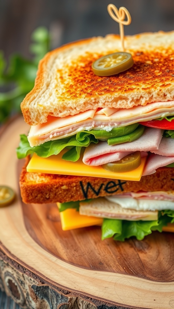 A colorful and creative sandwich with turkey, cheese, avocado, and greens, embellished with a design on the crust.